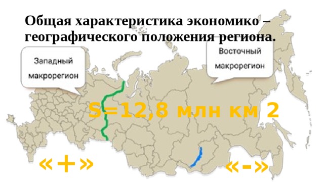 Общая характеристика экономико – географического положения региона. S=12,8 млн км 2 «+» «-» 