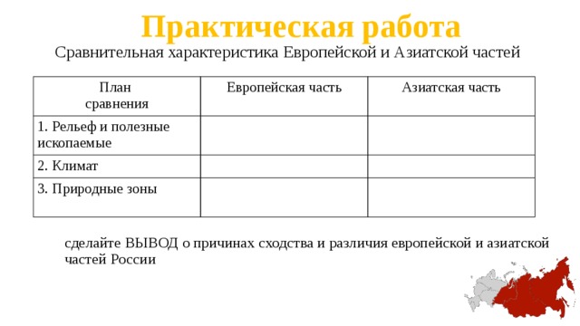 Сравнительная характеристика европейской и азиатской части. Практическая работа сравнительная характеристика.