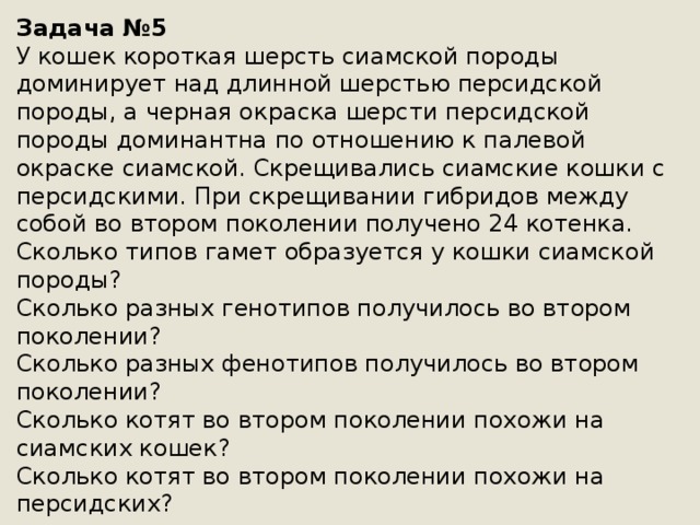 Над длинной. У кошек короткая шерсть доминирует над длинной. У кошек сиамской породы короткая шерсть доминирует над длинной. Чёрная окраска у кошек доминирует над палевой а короткая шерсть. У кошек сиамской породы короткая шерсть доминирует.