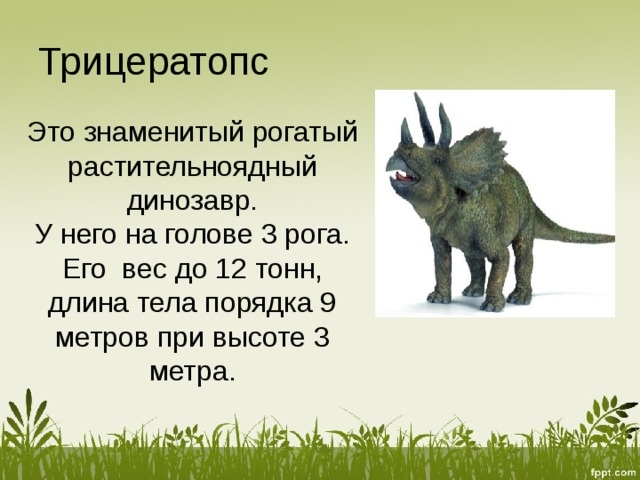 Трицератопс Это знаменитый рогатый растительноядный динозавр. У него на голове 3 рога. Его вес до 12 тонн, длина тела порядка 9 метров при высоте 3 метра. 