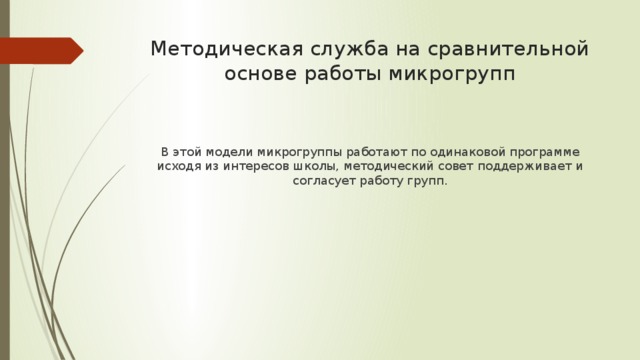 Методическая служба на сравнительной основе работы микрогрупп В этой модели микрогруппы работают по одинаковой программе исходя из интересов школы, методический совет поддерживает и согласует работу групп. 