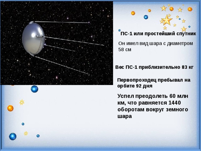 ПС-1 или простейший спутник Он имел вид шара с диаметром 58 см Вес ПС-1 приблизительно 83 кг Первопроходец пребывал на орбите 92 дня Успел преодолеть 60 млн км, что равняется 1440 оборотам вокруг земного шара 