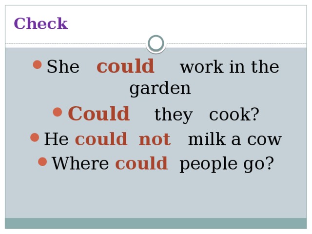 Check She could  work in the garden Could  they cook? He could  not milk a cow Where could people go? 
