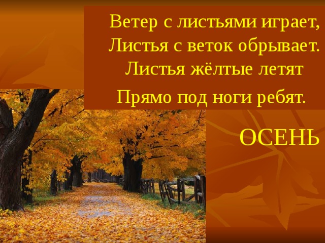 Ветер с листьями играет, Листья с веток обрывает. Листья жёлтые летят Прямо под ноги ребят.  ОСЕНЬ 