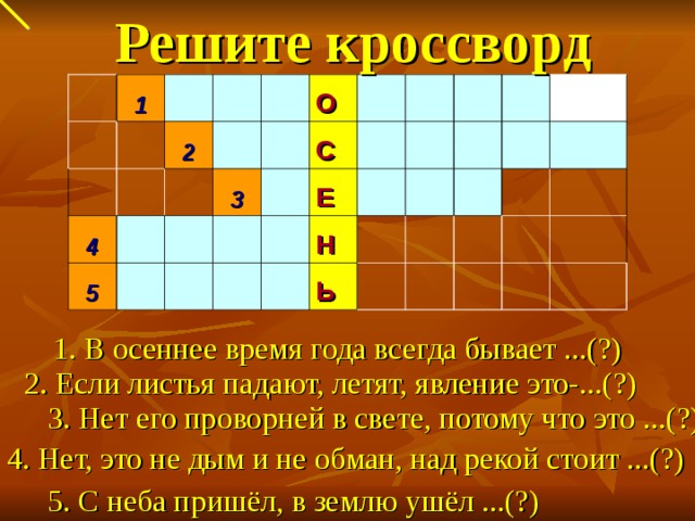      Решите кроссворд 1 2   4 5 О 3 С   Е Н Ь           1. В осеннее время года всегда бывает ...(?) 2. Если листья падают, летят, явление это-...(?) 3. Нет его проворней в свете, потому что это ...(?) 4. Нет, это не дым и не обман, над рекой стоит ...(?) 5. С неба пришёл, в землю ушёл ...(?) 