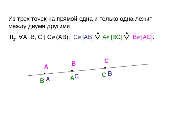 Из трех точек на прямой одна и только одна лежит между двумя другими.  II 1 .   А, В, С | С  (АВ): С  [ АВ ]  А  [ ВС ]  В  [ АС ] . С В А В С С А А В 