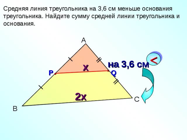 Средняя линия треугольника на 3,6 см меньше основания треугольника. Найдите сумму средней линии треугольника и основания. А    на 3,6 см x Q Р 2x Алтынов П.И. Геометрия. Тесты. 7-9 кл. С В 14 