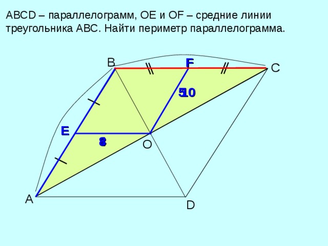АВС D – параллелограмм, ОЕ и О F – средние линии треугольника АВС. Найти периметр параллелограмма. В F С 5 10 Е 4 8 О Гаврилова Н.Ф. «Поурочные разработки по геометрии: 8 класс». А D 15 