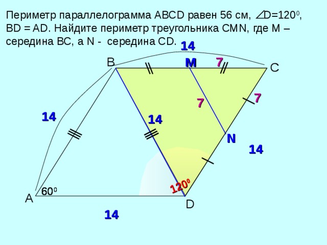 120 0 Периметр параллелограмма АВС D равен 56 см, D =120 0 , BD = AD . Найдите периметр треугольника СМ N , где М – середина ВС, а N - середина С D .  1 4 7 В М С 7 7 1 4 1 4 N 1 4 Алтынов П.И. Геометрия. Тесты. 7-9 кл. 6 0 0 6 0 0 6 0 0 А D 1 4 16 