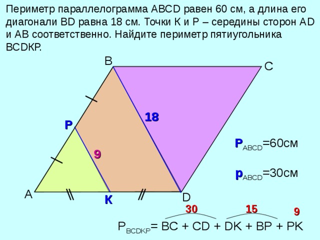 Периметр параллелограмма АВС D равен 60 см, а длина его диагонали В D равна 18 см. Точки К и Р – середины сторон А D и АВ соответственно. Найдите периметр пятиугольника ВС D КР. В С 1 8 Р Р АВС D =60см 9 Звавич Л.И. «Тестовые задания по геометрии. 8 класс» р АВС D =30см А D К 30 15 9 Р ВС DKP = ВС + С D  +  DK  +  BP  +  PK  17 