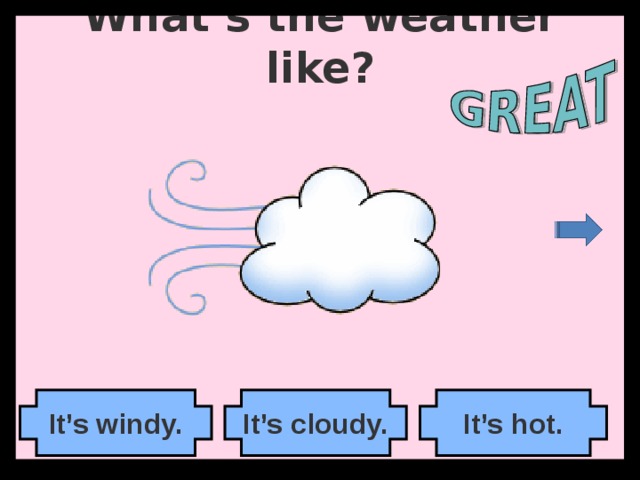 What’s the weather like? It’s cloudy. It’s windy. It’s hot. 