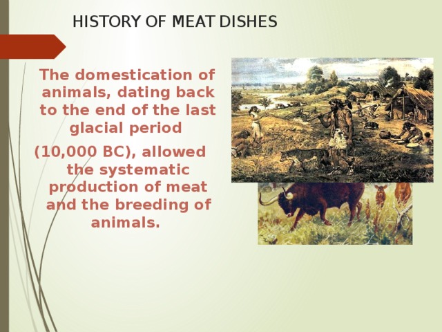 HISTORY OF MEAT DISHES  The domestication of animals, dating back to the end of the last glacial period  (10,000 BC), allowed the systematic production of meat and the breeding of animals.  