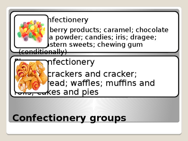 Sugar Confectionery fruit and berry products; caramel; chocolate and cocoa powder; candies; iris; dragee; halva; eastern sweets; chewing gum (conditionally) fruit and berry products; caramel; chocolate and cocoa powder; candies; iris; dragee; halva; eastern sweets; chewing gum (conditionally) Flour confectionery biscuit; crackers and cracker; gingerbread; waffles; muffins and rolls; cakes and pies Confectionery groups 