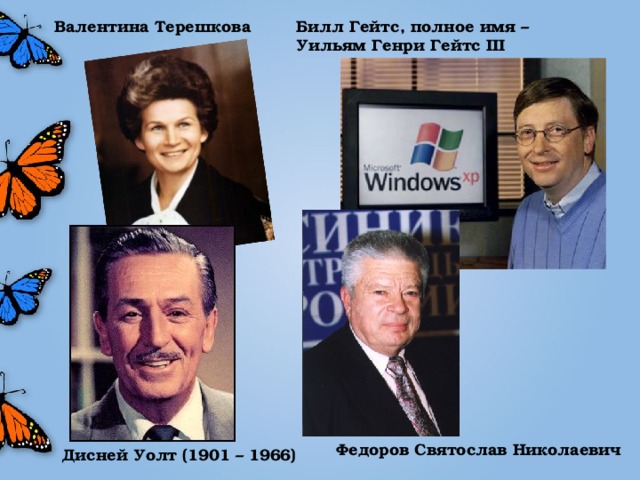 Валентина Терешкова Билл Гейтс, полное имя – Уильям Генри Гейтс III Федоров Святослав Николаевич Дисней Уолт (1901 – 1966)