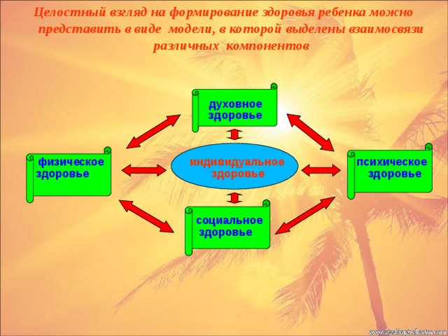 Целостный взгляд на формирование здоровья ребенка можно представить в виде модели, в которой выделены взаимосвязи различных компонентов            духовное           здоровье    физическое     индивидуальное  психическое    здоровье  здоровье  здоровье  социальное  здоровье 