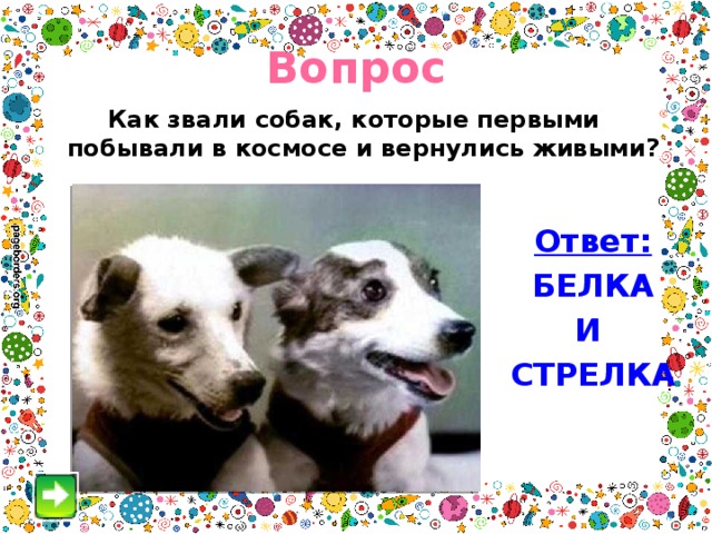 Вопрос Как звали собак, которые первыми побывали в космосе и вернулись живыми? Ответ: БЕЛКА И СТРЕЛКА 