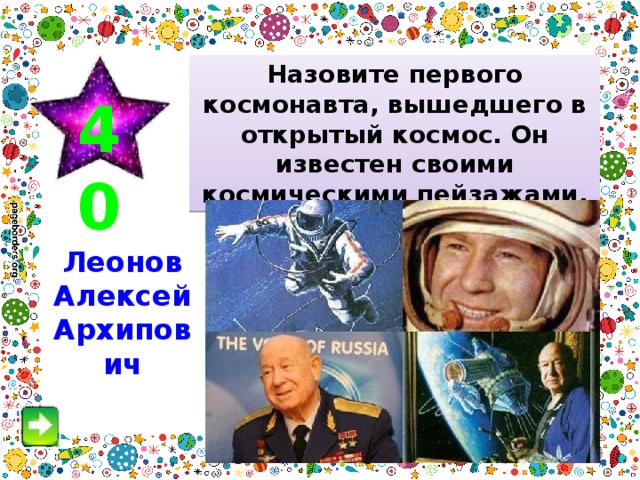 Назовите первого космонавта, вышедшего в открытый космос. Он известен своими космическими пейзажами. 40 Леонов Алексей Архипович 