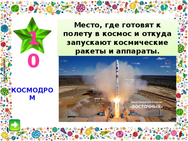 Место, где готовят к полету в космос и откуда запускают космические ракеты и аппараты. 10 КОСМОДРОМ 