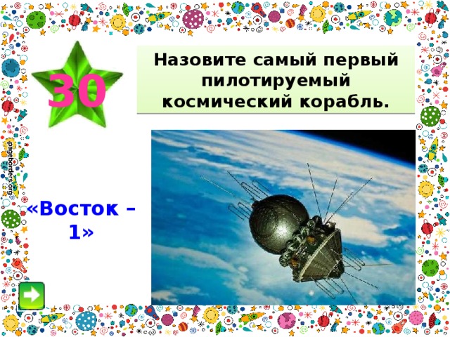 Назовите самый первый пилотируемый космический корабль. 30 «Восток – 1» 