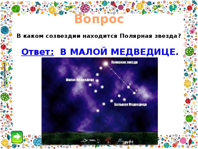 Вопрос В каком созвездии находится Полярная звезда? Ответ: В МАЛОЙ МЕДВЕДИЦЕ. 