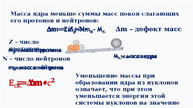 Масса ядра. Энергия связи дефект масс презентация 9 класс. Дефект масс Протона и нейтрона. Масса ядра меньше суммы масс протонов и нейтронов. Масса Протона это масса ядра.