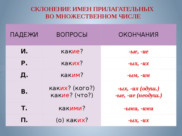 Прилагательные во множественном числе. Таблица склонение прилагательных во множественном числе.