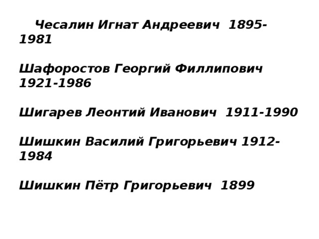 Чесалин Игнат Андреевич 1895-1981   Шафоростов Георгий Филлипович 1921-1986   Шигарев Леонтий Иванович 1911-1990   Шишкин Василий Григорьевич 1912-1984   Шишкин Пётр Григорьевич 1899   