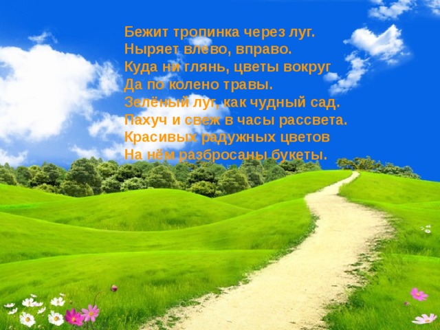 Бежит тропинка через луг.   Ныряет влево, вправо.   Куда ни глянь, цветы вокруг   Да по колено травы.   Зелёный луг, как чудный сад.   Пахуч и свеж в часы рассвета.   Красивых радужных цветов   На нём разбросаны букеты.     