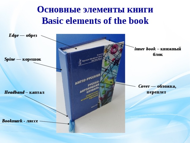 Основные элементы книги  Basic elements of the book Edge  — обрез inner book – книжный блок Spine  — корешок Cover  — обложка, переплет Headband – каптал Bookmark - ляссе 