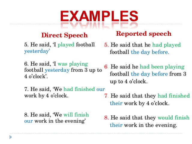 Said в косвенной речи. Yesterday reported Speech. Yesterday в репортед спич. Play в косвенной речи. Was в репортед спич.