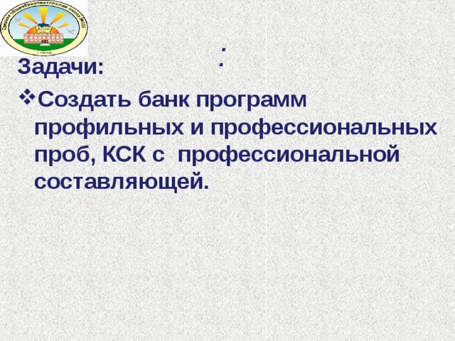 : Задачи: Создать банк программ профильных и профессиональных проб, КСК с профессиональной составляющей.  