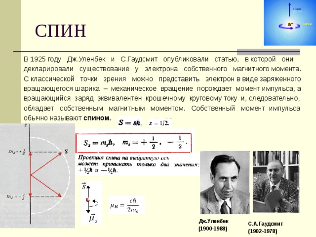 СПИН В 1925 году Дж.Уленбек и С.Гаудсмит опубликовали статью, в которой они декларировали существование у электрона собственного магнитного момента. С классической точки зрения можно представить электрон в виде заряженного вращающегося шарика – механическое вращение порождает момент импульса, а вращающийся заряд эквивалентен крошечному круговому току и, следовательно, обладает собственным магнитным моментом. Собственный момент импульса обычно называют спином.  Дж.Уленбек (1900-1988) С.А.Гаудсмит (1902-1978) 