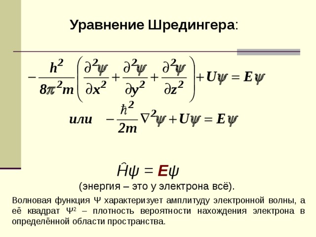 Уравнение Шредингера : Ĥψ = Е ψ   (энергия – это у электрона всё).  Волновая функция Ψ характеризует амплитуду электронной волны, а её квадрат Ψ 2 – плотность вероятности нахождения электрона в определённой области пространства. 