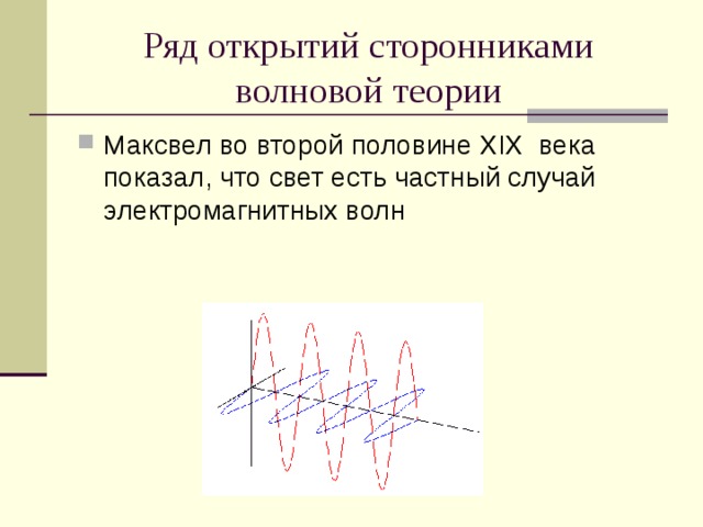 Ряд открытий сторонниками волновой теории Максвел во второй половине XIX века показал, что свет есть частный случай электромагнитных волн 