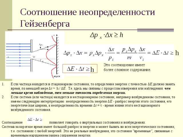 Соотношение неопределенности Гейзенберга Δp x ·Δx ≥ h  h Это соотношение имеет более сложное содержание. h Если частица находится в стационарном состоянии, то определение энергии с точностью Δ E должно занять время, по меньшей мере Δ t ~ h / Δ E . Т.е. здесь мы связаны с процессом измерения или наблюдения: чем меньше время наблюдения, тем меньше точность определения энергии. Если система (или частица) находится в нестационарном состоянии, например возбужденном состоянии, то имеем следующую интерпретацию: неопределенность энергии Δ E - разброс энергии этого состояния, его энергетическая ширина, а неопределенность времени Δ t = τ - время жизни этого нестационарного возбужденного состояния.   Соотношение позволяет говорить о виртуальных состояниях и возбуждениях. Система за короткое время имеет большой разброс в энергии и может бывать во всех энергетических состояниях, т.е. состояниях с любой энергией. Это не реальные возбуждения, это состояния “временные”, связанные с временным нарушением закона сохранения энергии.  