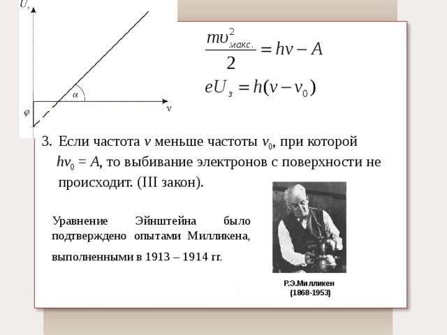 Если частота ν меньше частоты ν 0 , при которой  hν 0 = A , то выбивание электронов с поверхности не происходит. (III закон).  Уравнение Эйнштейна было подтверждено опытами Милликена, выполненными в 1913 – 1914 гг.  Р.Э.Милликен  (1868-1953) 
