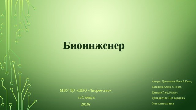 Биоинженер Авторы: Духовников Илья, 6 Класс, Копытина Алина, 6 Класс, Давыдов Петр, 9 класс Руководитель: Пдо Боронина Ольга Анатольевна МБУ ДО «ЦВО «Творчество»  гоСамара 2019г 