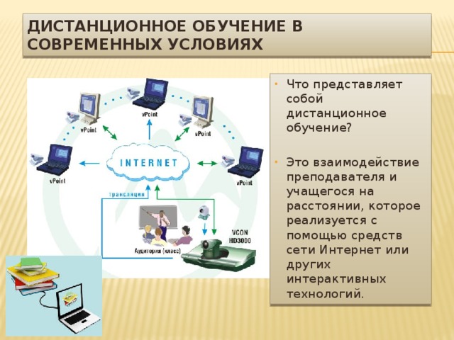 Дистанционное обучение в современных условиях Что представляет собой дистанционное обучение? Это взаимодействие преподавателя и учащегося на расстоянии, которое реализуется с помощью средств сети Интернет или других интерактивных технологий. 