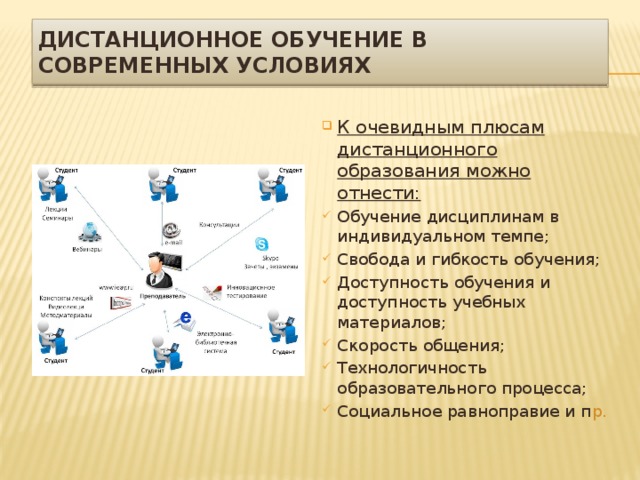 Дистанционное обучение в современных условиях К очевидным плюсам дистанционного образования можно отнести: Обучение дисциплинам в индивидуальном темпе; Свобода и гибкость обучения; Доступность обучения и доступность учебных материалов; Скорость общения; Технологичность образовательного процесса; Социальное равноправие и п р. 