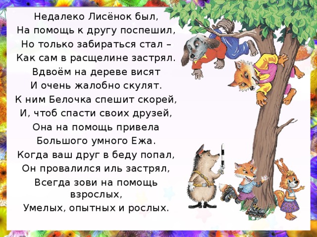 Недалеко Лисёнок был, На помощь к другу поспешил, Но только забираться стал – Как сам в расщелине застрял. Вдвоём на дереве висят И очень жалобно скулят. К ним Белочка спешит скорей, И, чтоб спасти своих друзей, Она на помощь привела Большого умного Ежа. Когда ваш друг в беду попал, Он провалился иль застрял, Всегда зови на помощь взрослых, Умелых, опытных и рослых. 