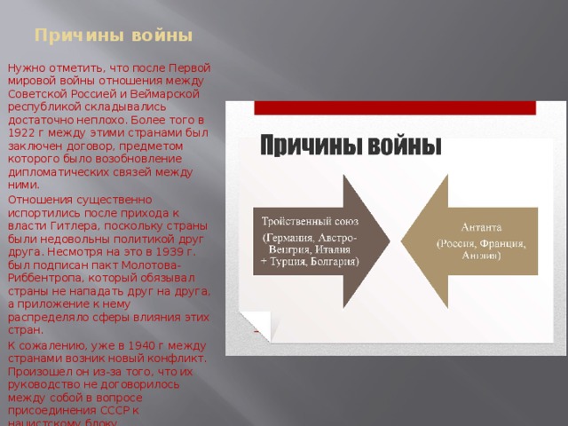 Причины войны Нужно отметить, что после Первой мировой войны отношения между Советской Россией и Веймарской республикой складывались достаточно неплохо. Более того в 1922 г между этими странами был заключен договор, предметом которого было возобновление дипломатических связей между ними. Отношения существенно испортились после прихода к власти Гитлера, поскольку страны были недовольны политикой друг друга. Несмотря на это в 1939 г. был подписан пакт Молотова-Риббентропа, который обязывал страны не нападать друг на друга, а приложение к нему распределяло сферы влияния этих стран. К сожалению, уже в 1940 г между странами возник новый конфликт. Произошел он из-за того, что их руководство не договорилось между собой в вопросе присоединения СССР к нацистскому блоку . 