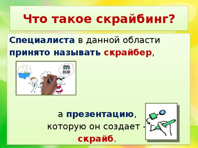 Что такое скрайбинг? Специалиста в данной области принято называть скрайбер , а презентацию , которую он создает – скрайб . 