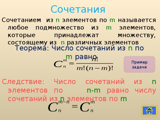 Сочетания Сочетанием из n элементов по m называется любое подмножество из m элементов, которые принадлежат множеству, состоящему из n различных элементов Теорема: Число сочетаний из n по m равно Пример задачи Следствие: Число сочетаний из n элементов по n-m равно числу сочетаний из n элементов по m 