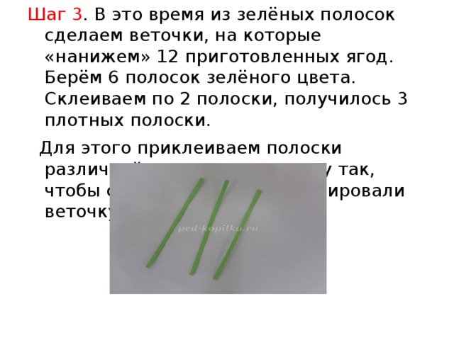 Шаг 3 . В это время из зелёных полосок сделаем веточки, на которые «нанижем» 12 приготовленных ягод. Берём 6 полосок зелёного цвета. Склеиваем по 2 полоски, получилось 3 плотных полоски.    Для этого приклеиваем полоски различной длины друг к другу так, чтобы свободные концы формировали веточку. 