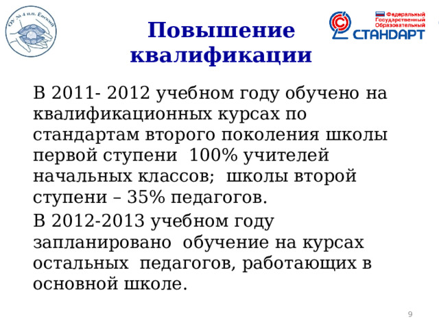 Повышение квалификации   В 2011- 2012 учебном году обучено на квалификационных курсах по стандартам второго поколения школы первой ступени 100% учителей начальных классов; школы второй ступени – 35% педагогов.   В 2012-2013 учебном году запланировано обучение на курсах остальных педагогов, работающих в основной школе.  