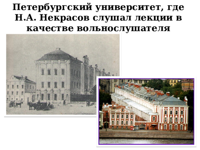 Петербургский университет, где Н.А. Некрасов слушал лекции в качестве вольнослушателя 
