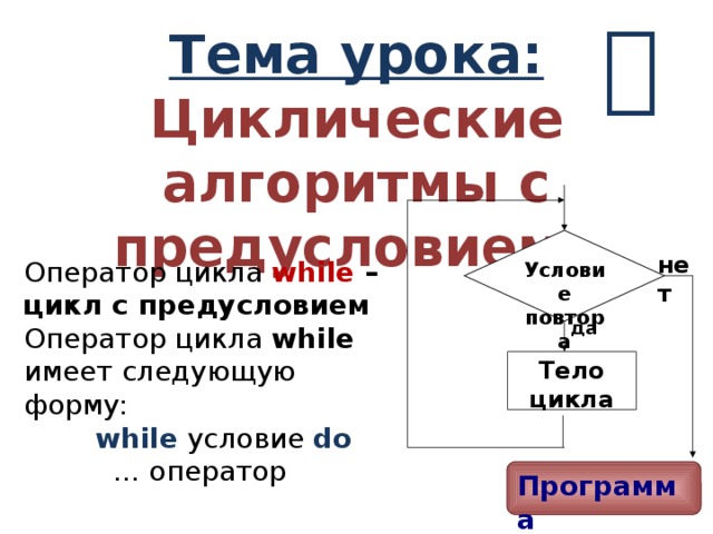 К какому виду алгоритмов можно отнести алгоритм схема которого представлена ниже цикл с предусловием