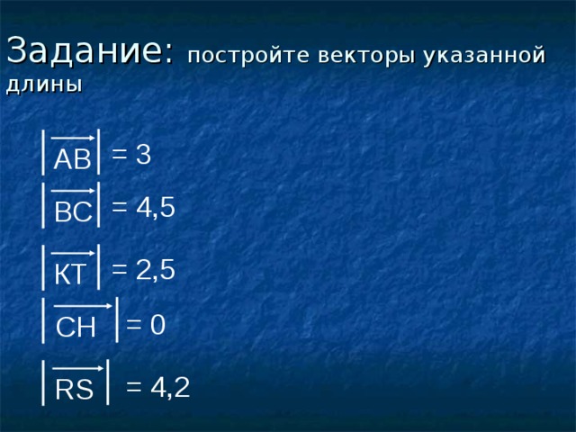 Задание: постройте векторы указанной длины = 3 АВ = 4,5 ВС = 2,5 КТ = 0 СН = 4 ,2 RS 