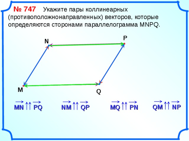  № 74 7   Укажите пары коллинеарных (противоположнонаправленных) векторов, которые определяются сторонами параллелограмма MNPQ . P N M Q «Геометрия 7-9» Л.С. Атанасян и др. QM NP NM PN PQ MQ QP MN 15 
