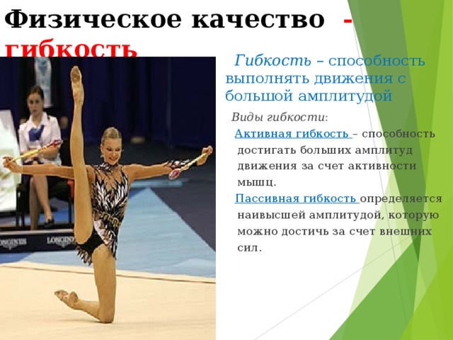 Физическое качество - гибкость  Гибкость – способность  выполнять движения с  большой амплитудой  Виды гибкости :  Активная гибкость – способность достигать больших амплитуд движения за счет активности мышц.  Пассивная гибкость определяется наивысшей амплитудой, которую можно достичь за счет внешних сил.  
